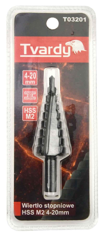 Vrták stupňovitý 4-20 mm do plechu, HSS M2 TiAlN krok 2mm, rovná drážka, TVARDY 2