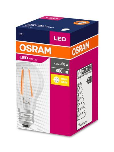 Žiarovka OSRAM® LED FIL 060 (ean9658) non-dim, 6,5W/827 E27 2700K Value CLASSIC A 1