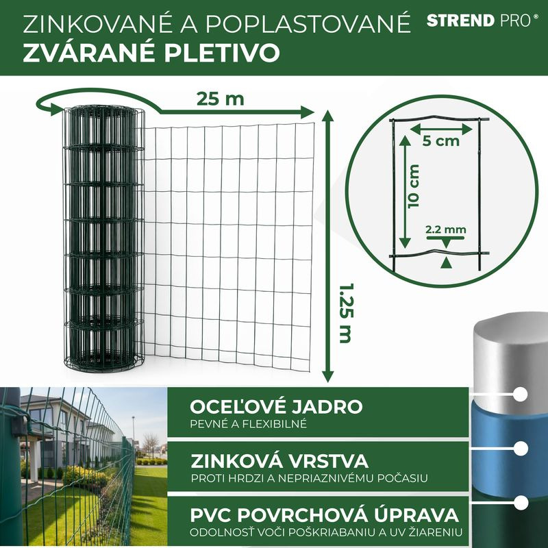 Pletivo EUROPLAST 1, 1250/100x50/2,20 mm, zelené, RAL 6005, Zn+PVC, ohradové, bal. 25 m 2