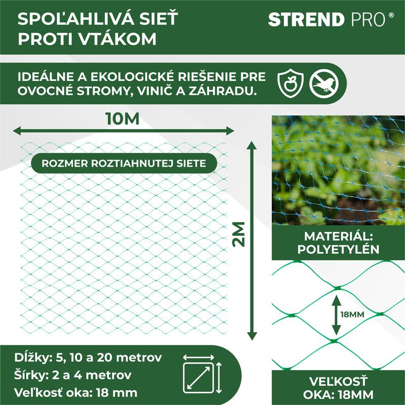 Sieť Strend Pro, 2x10 m, oko 18 mm, proti vtákom, PE 7