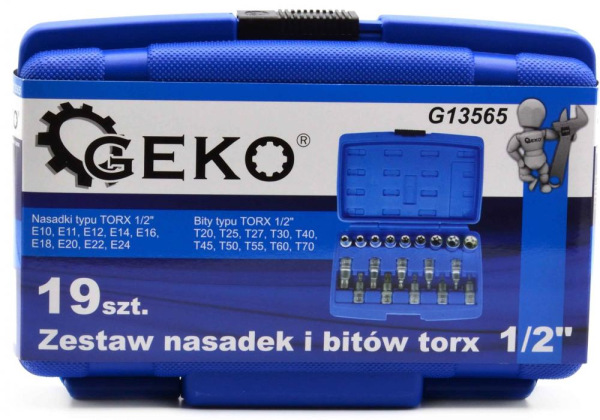 Sada 1/2" hlavíc TORX E10-E24 a 1/2" hlavíc s TORX bitmi T20-T70, 19-dielna, GEKO 1