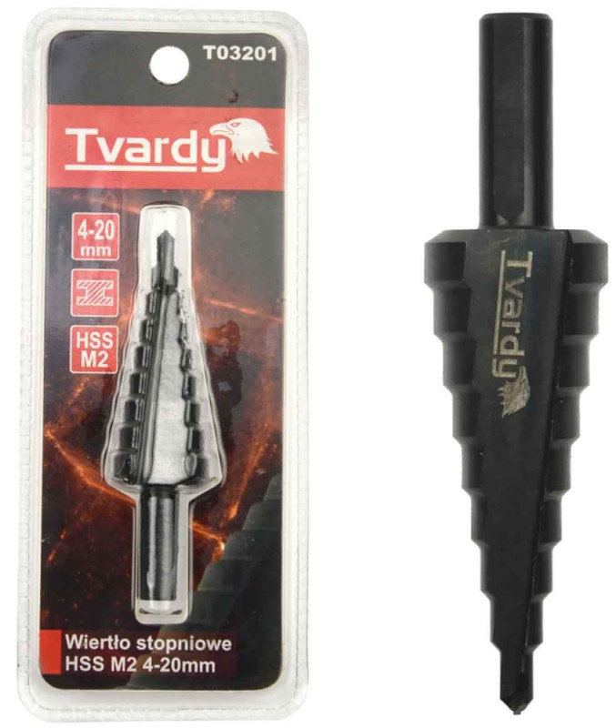 Vrták stupňovitý 4-20 mm do plechu, HSS M2 TiAlN krok 2mm, rovná drážka, TVARDY 1
