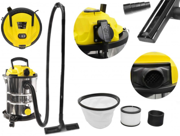 Vysávač priemyselný na sucho a na mokro 25l, so zásuvkou + príslušenstvo, 1800 W, GEKO