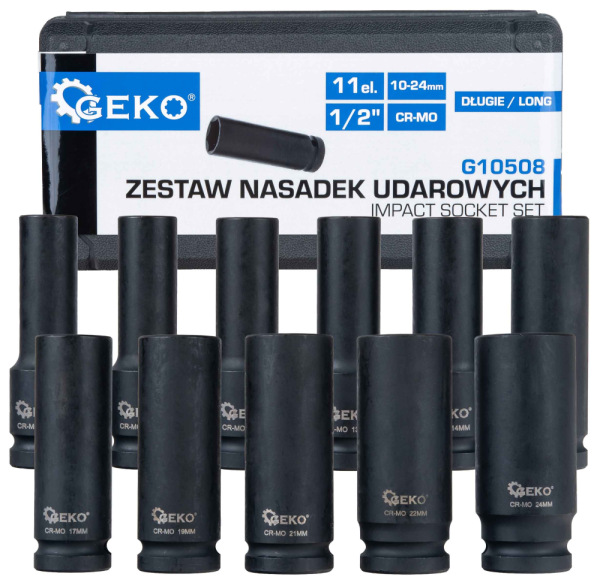 Sada 1/2" úderových predĺžených hlavíc 6HRAN v kazete, 10-24mm, 11-dielna, GEKO