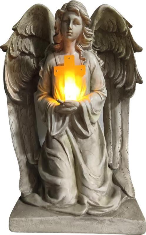 Dekorácia MagicHome, Anjel s krížom, LED, polyresin, na hrob, 23,5x19,5x30,5 cm