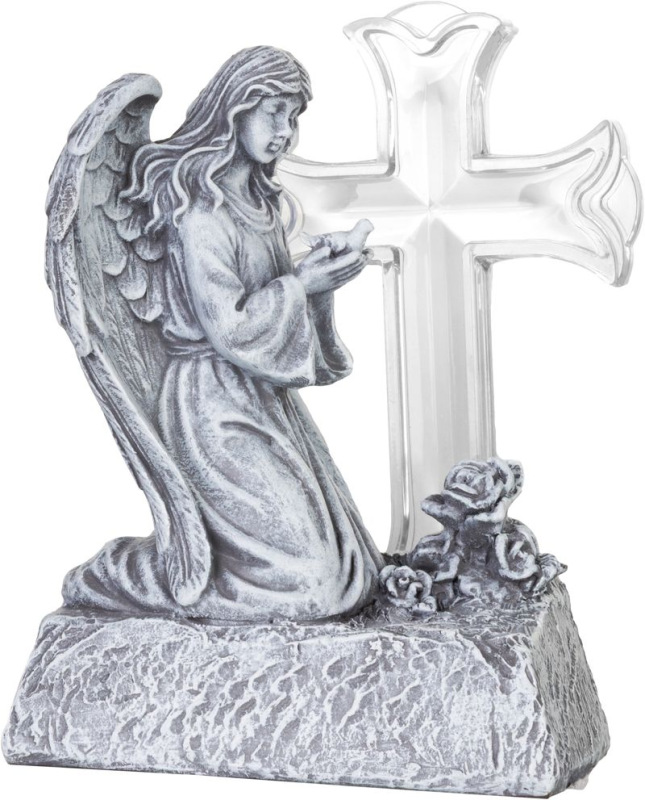Dekorácia MagicHome, Anjel s holubicou pri kríži, LED, polyresin, na hrob, solar, 12x8x16,5 cm 1