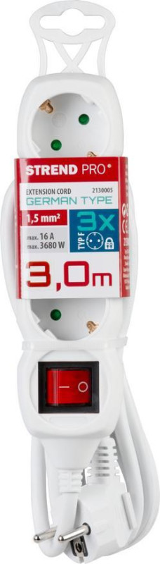 Cable GERMAN socket Strend Pro DG-803BK 3,00 m, 3 sockets, HU, RO, SRB, CRO + switch 1