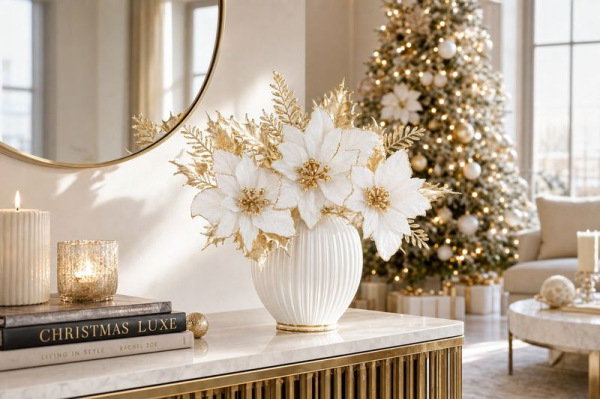 Kvet MagicHome Vianoce, poinsettia, biely, 9,5 cm, veľkosť kvetu: 13 cm 1