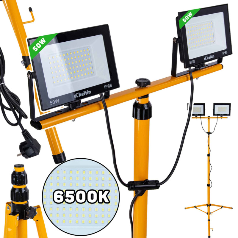LED reflektor 2x50W s teleskopickým stojanom, studená biela 6500K, KELTIN