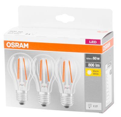 Žiarovka OSRAM® BASIC LED FR 60 (ean9351) non-dim 6,5W/827 E27 2700K MULTIPACK, Star CLASSIC A