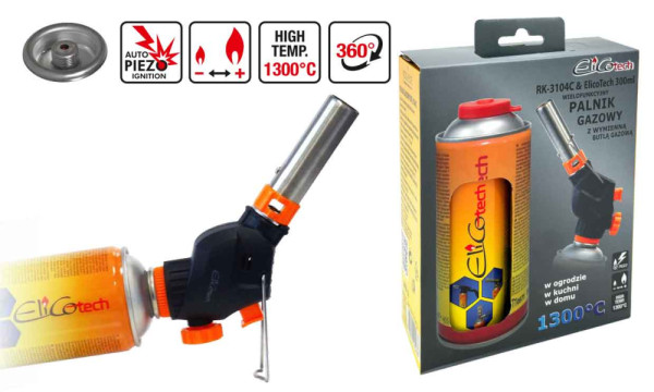 Spájkovacia lampa s piezo zapaľovačom a kartušou 300ml, RK-3104C ELICO