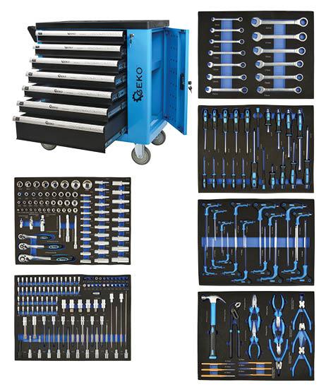 Skrinka na náradie so 7 zásuvkami, vybavená náradím 243 dielov, GEKO