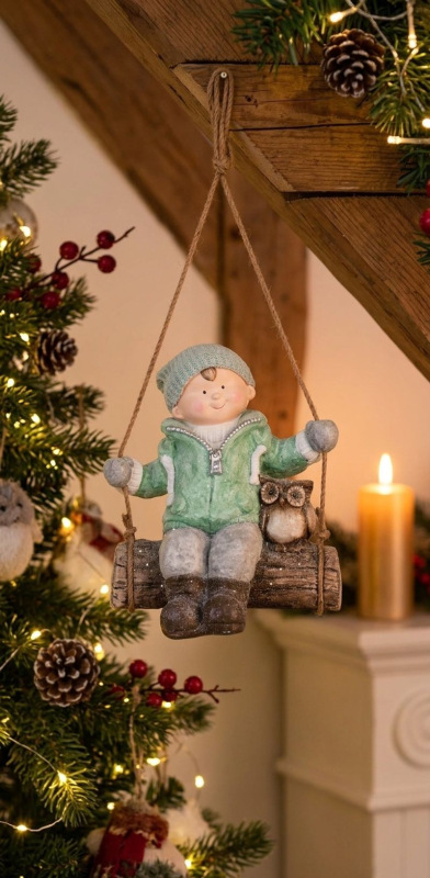 Postavička MagicHome Vianoce, Chlapček na hojdačke so sovičkou, závesná, keramika, 34,5x25,5x39,5 cm 1