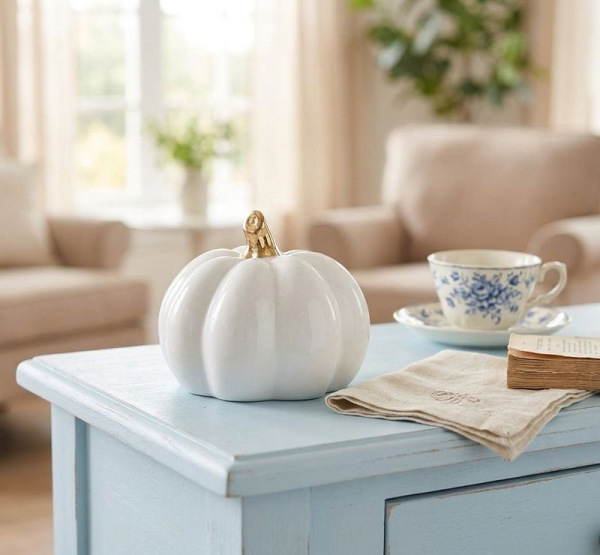 Dekorácia MagicHome, Tekvica so zlatou stopkou, biela, porcelán, 12,7x12,3x10,8 cm 1