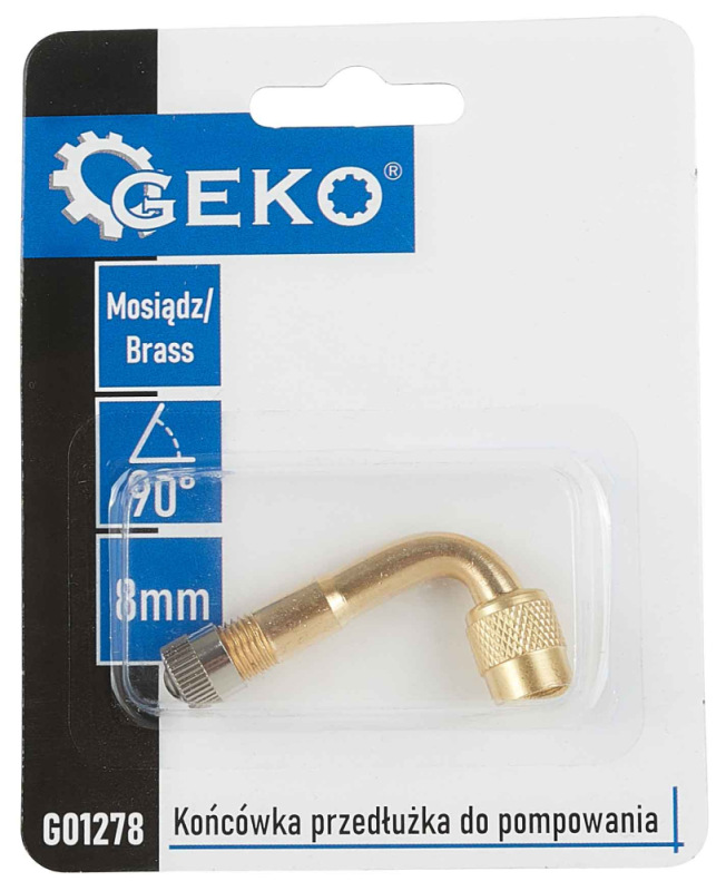 Mosadzná koncovka k hadičke s priemerom 8 mm na plnenie pneumatík, ohnutá 90°, GEKO 2