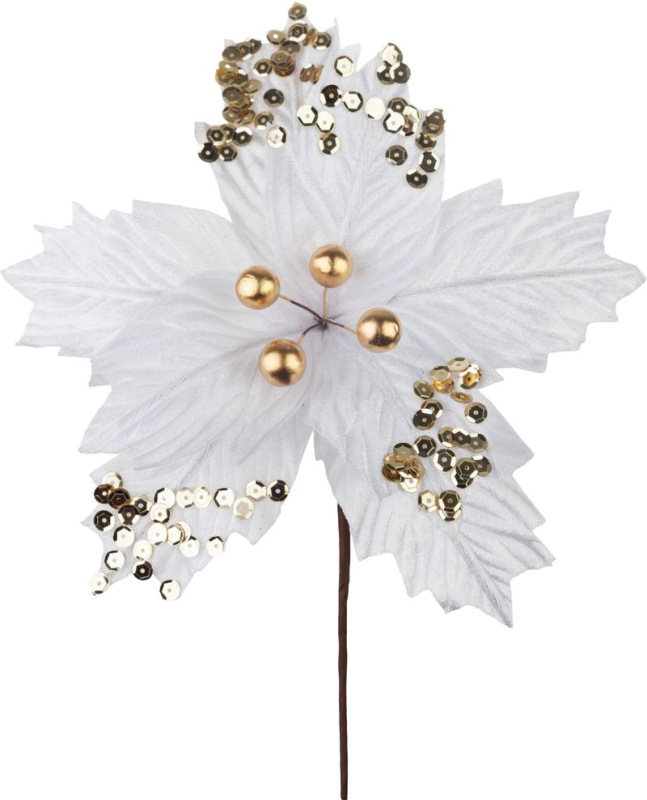 Kvet MagicHome Vianoce, poinsettia, s guľkami, biely, 18 cm, veľkosť kvetu: 20 cm