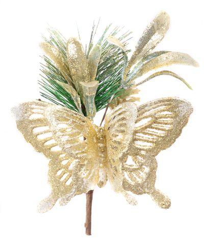 Vetvička MagicHome Vianoce, s motýľom a jutovou stuhou, zlatá, 18 cm