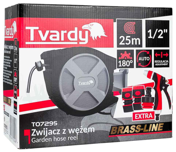 Navíjací bubon s držiakom na stenu so záhradnou 1/2" hadicou 25 m, TVARDY 16