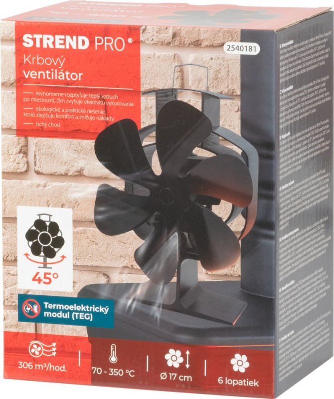 Ventilátor Strend Pro, krbový, stojanový, poháňaný teplom, 6-lopatkový, čierny, funkcia oscilácie 3