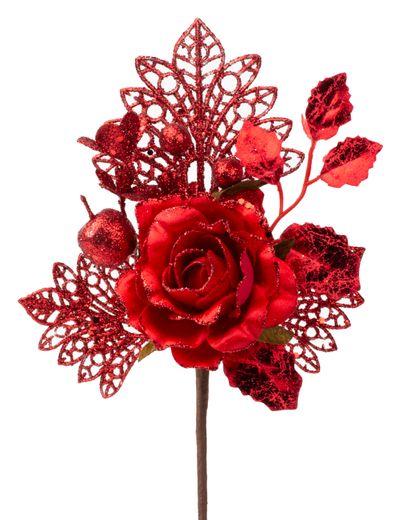 Vetvička MagicHome Vianoce, s ružou, červená, 25,5 cm