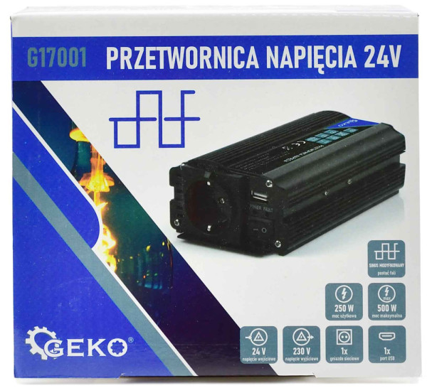 Menič napätia, vstup 24V/ výstup 230V, trvalý výkon 250W/nárazový výkon 500W,, GEKO 2