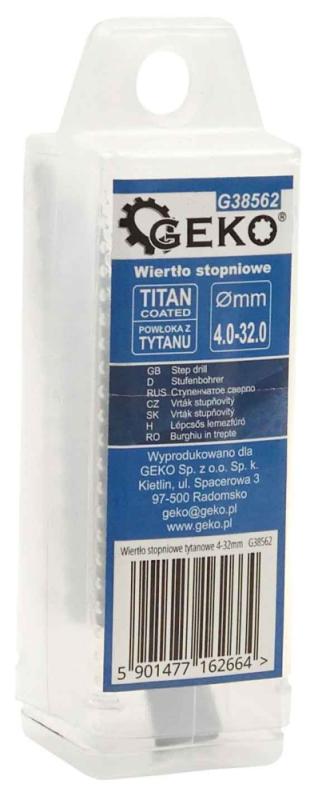 Vrták stupňovitý 4-32 mm do plechu, HSS TiAIN krok 2mm, rovná drážka, GEKO 1