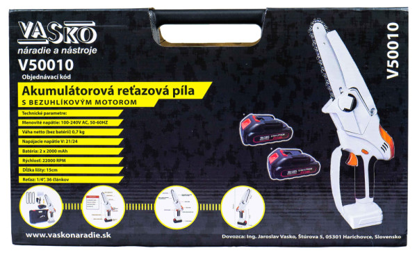 Akumulátorová reťazová píla, lišta 15 cm, 2x batéria 2Ah 21V, 1x nabíjačka, VASKO 12