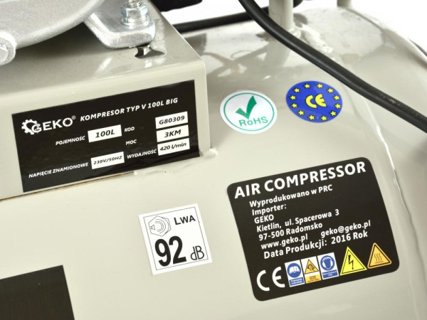 Kompresor olejový, 2-piestový, 3,0 kW, 390 l/min, vzdušník 100 litrov, GEKO 11