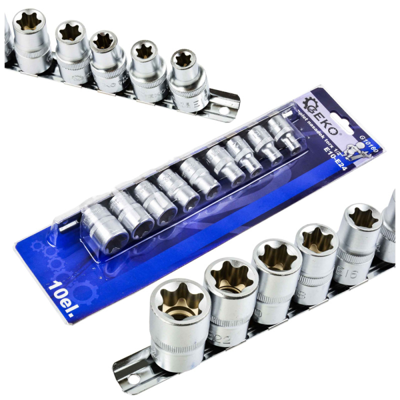 Sada 1/2" hlavíc TORX, 10-dielna E10 - E24 na lište, GEKO