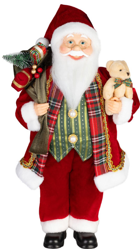 Dekorácia MagicHome Vianoce, Santa, s darčekom a medveďom, červený, 46 cm