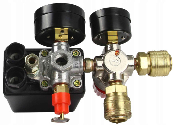 Tlakový spínač na kompresor 0-5 bar, 230V, 2 výstupy 1/4" s 2 manometrami, MAR-POL 1