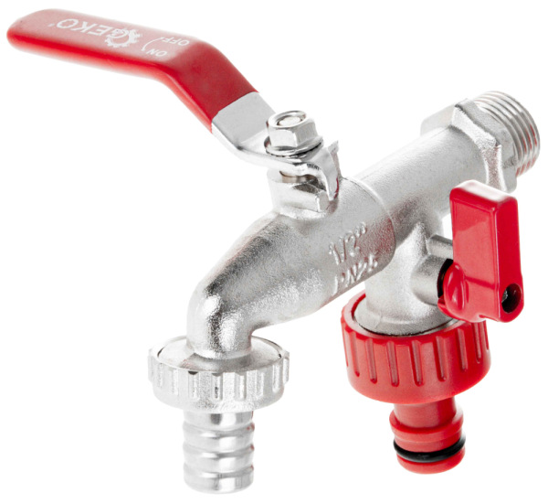 Ventil dvojitý 1/2", závit 3/4" s koncovkou na 1/2" hadicu a 1/2" rýchlospojku, GEKO 1