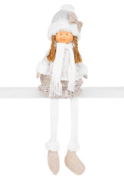 Postavička MagicHome Vianoce, Dievčatko v bielej čiapke s dlhými nohami, bielo-zlaté, látkové, 15x10