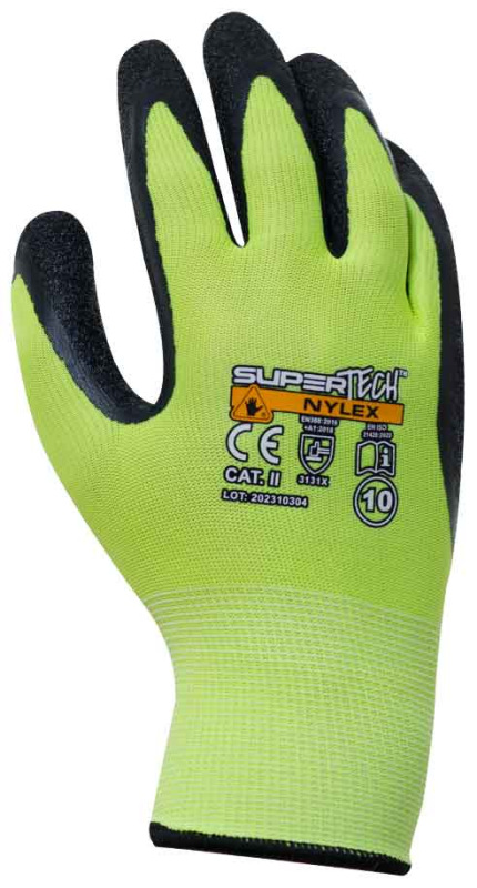 Ochranné rukavice SUPER TECH NYLEX, žltozelená priadza, latexová dlaň, veľkosť 9, VASKO 3