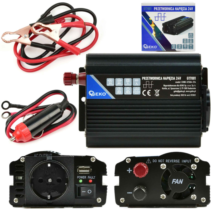 Menič napätia, vstup 24V/ výstup 230V, trvalý výkon 250W/nárazový výkon 500W,, GEKO 1