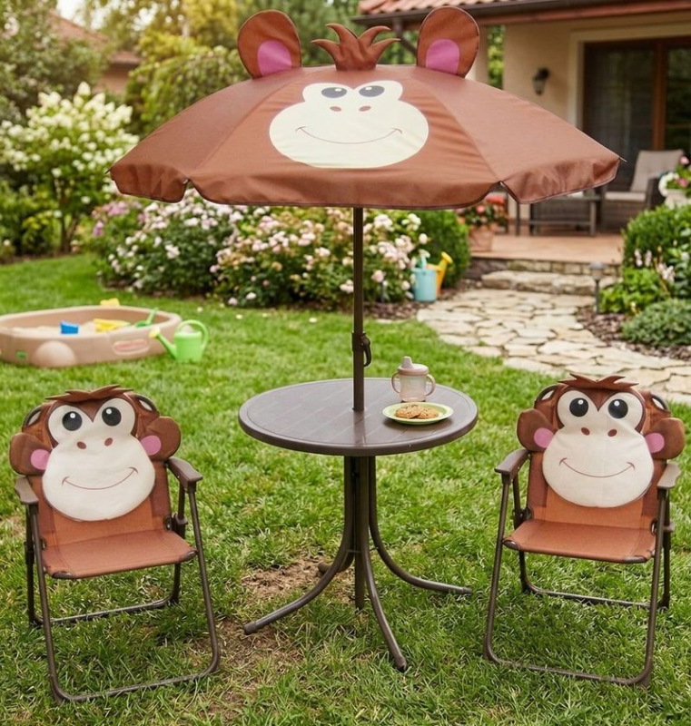 Set záhradný LEQ MELISENDA Mono, opica, slnečník 105 cm, stôl 50 cm, 2 stoličky. detský 1