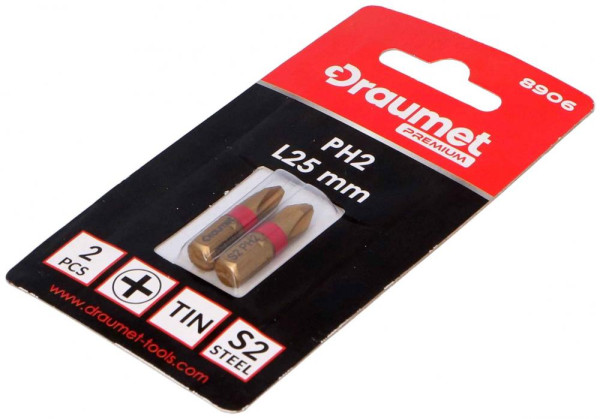 Bit 1/4" 25 mm PREMIUM TiN PH 2, 2 kusy, DRAUMET 1