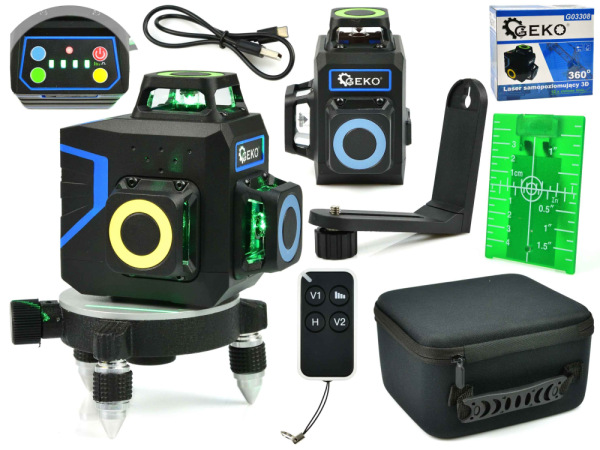 Laser krížový samonivelizačný, presnosť 1,5 mm/5m, dosah 30 m, 360°, 12 lúčov, GEKO