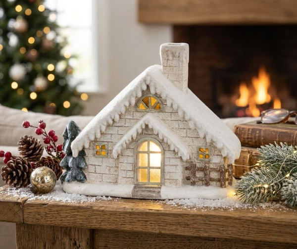 Dekorácia MagicHome Vianoce, Domček s komínom, keramika,, 3xAA, 40 cm, LED 1