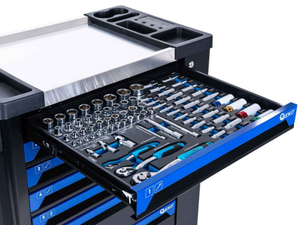 Dielenský vozík na náradie so 7 zásuvkami, náradie- 258 dielov, 850x450x950 mm, GEKO 10