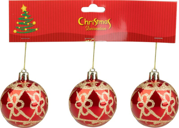 Gule MagicHome Vianoce, 3 ks, červené so zlatým ornamentom, 6 cm