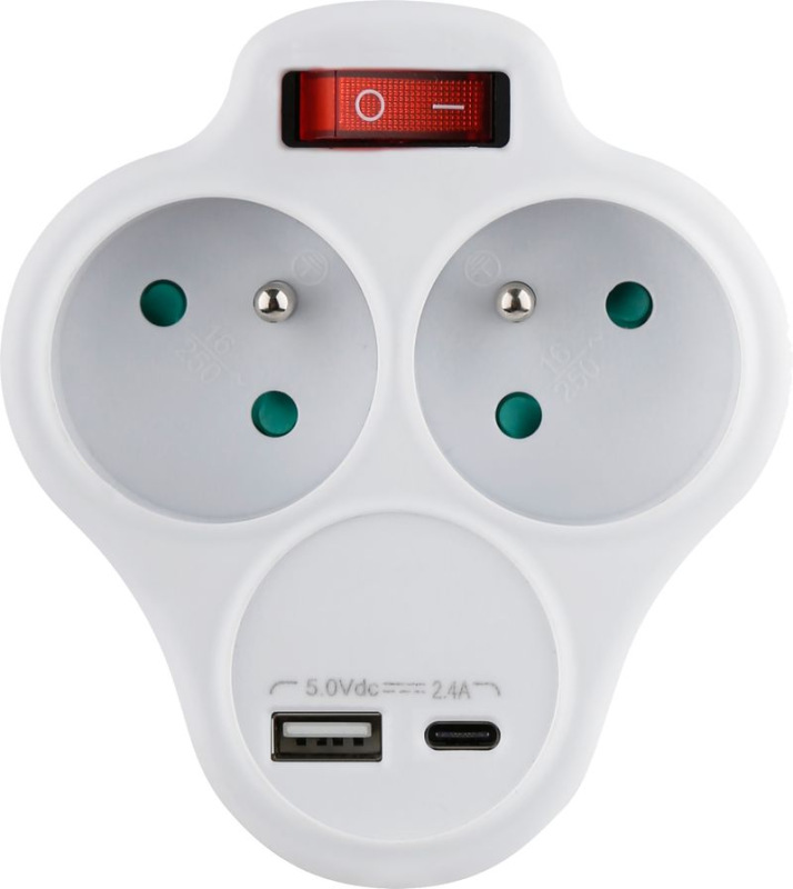 Zásuvka Strend Pro, rozbočovacia, rozdvojka, biela, 2x 16 A, USB A+C, vypínač 2
