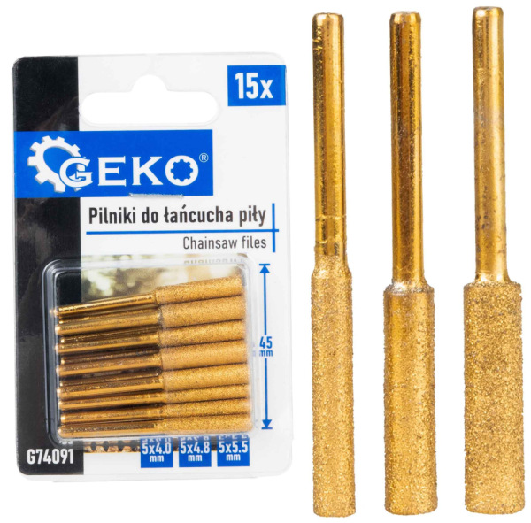 Sada pilníkov na brúsenie reťaze pre vŕtačku 5ks x 4 mm, 5ks x 4,8 mm, 5ks x 5,5 mm, GEKO 2