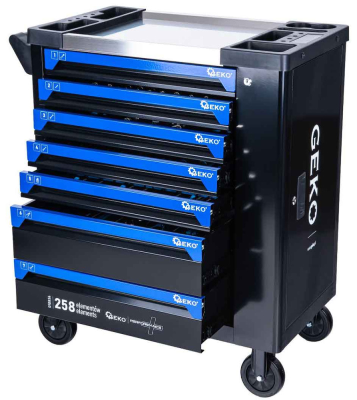 Dielenský vozík na náradie so 7 zásuvkami, náradie- 258 dielov, 850x450x950 mm, GEKO 13