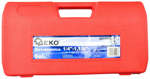 6-dielna sada závitových hláv 1/4", 3/8", 1/2", 3/4", 1", 5/4" s račňou a rukoväťou, GEKO 1