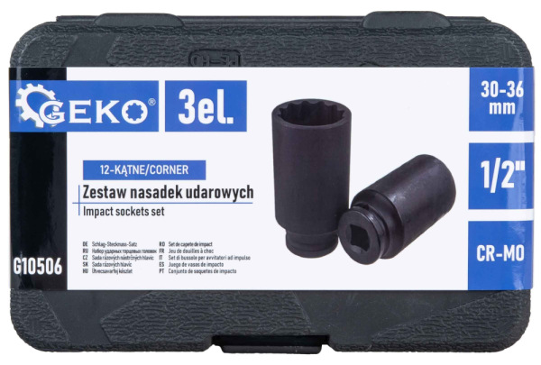 Sada 1/2" úderových hlavíc 12HRAN v kazete, 30-36 mm, 3-dielna, GEKO 4