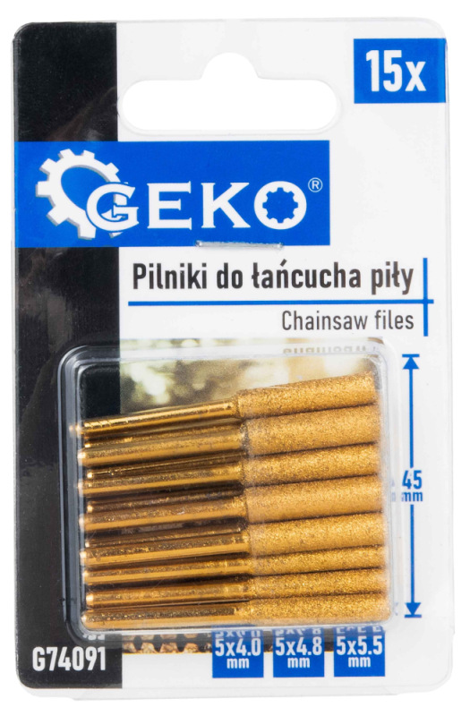 Sada pilníkov na brúsenie reťaze pre vŕtačku 5ks x 4 mm, 5ks x 4,8 mm, 5ks x 5,5 mm, GEKO 1