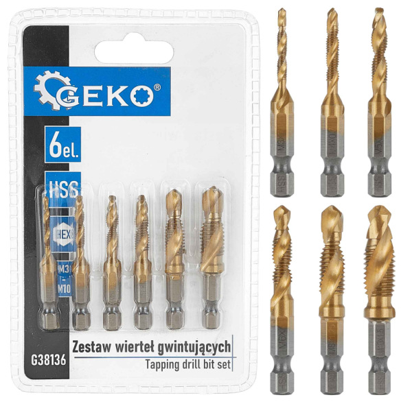 Sada kombinovaných závitníkov s vrtákom M3, 4, 5,6,8,10 HSS, stopka 6HRAN, GEKO