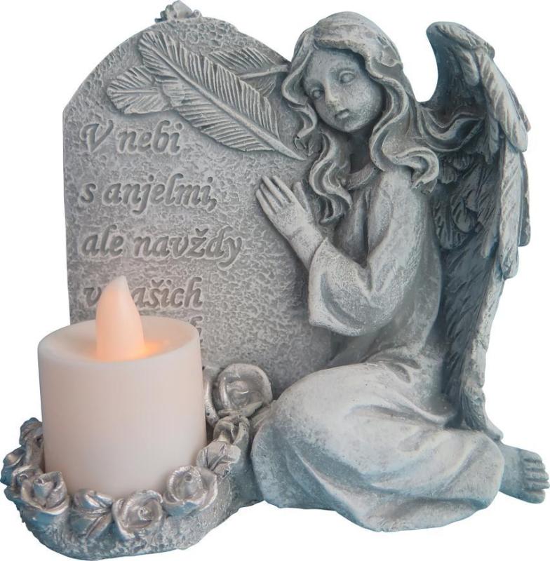 Dekorácia MagicHome, Anjel so sviečkou, LED, polyresin, na hrob, 12x8x12 cm