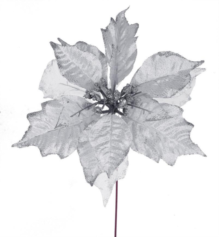 Kvet MagicHome Vianoce Poinsettia Glitedgeer.Silver, strieborná, stonka, veľkosť kvetu: 23 cm, dĺžka